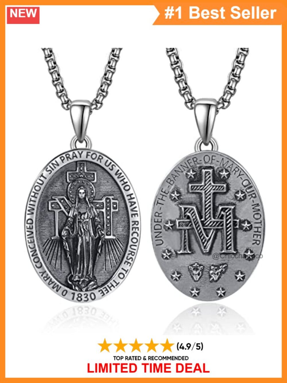 925 Sterling Silver Miraculous Medal Patron Saint Necklace, 22+2 in Chain